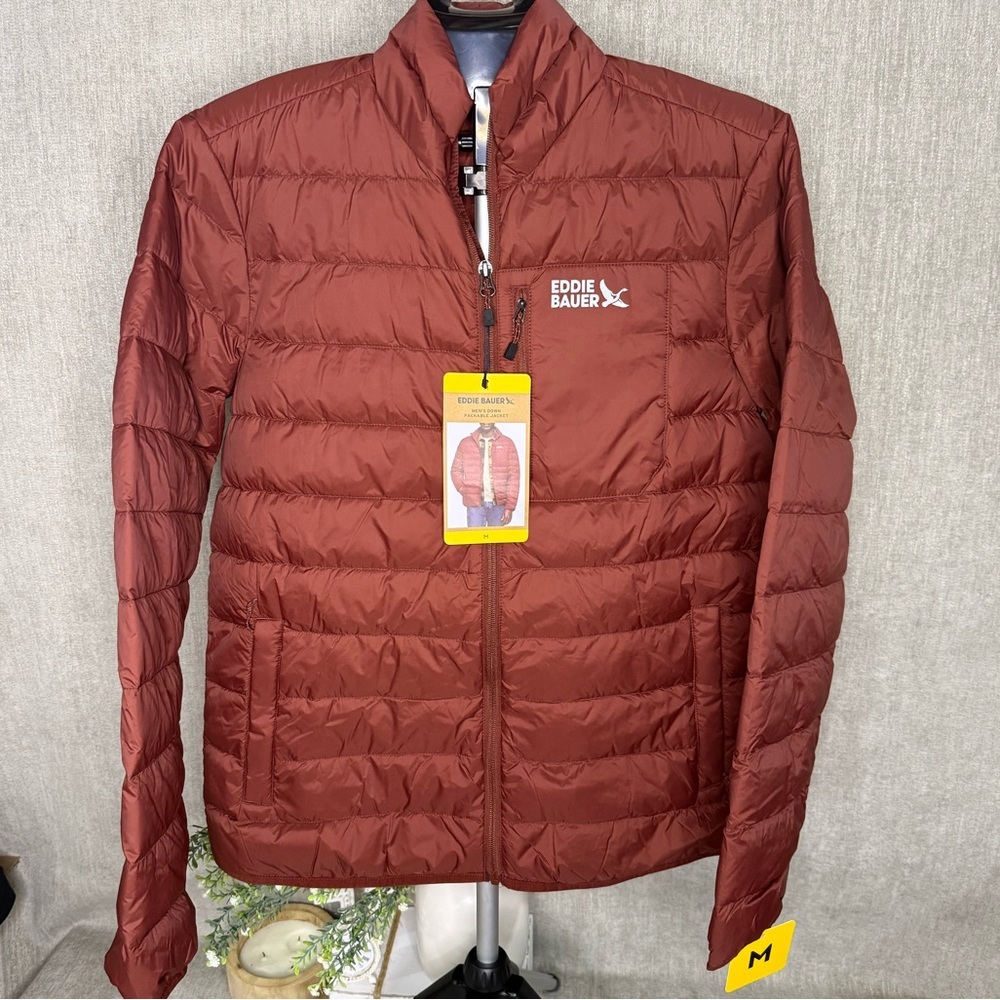 🍂 Eddie Bauer Men’s Medium Packable Down Jacket – Rust 🍂